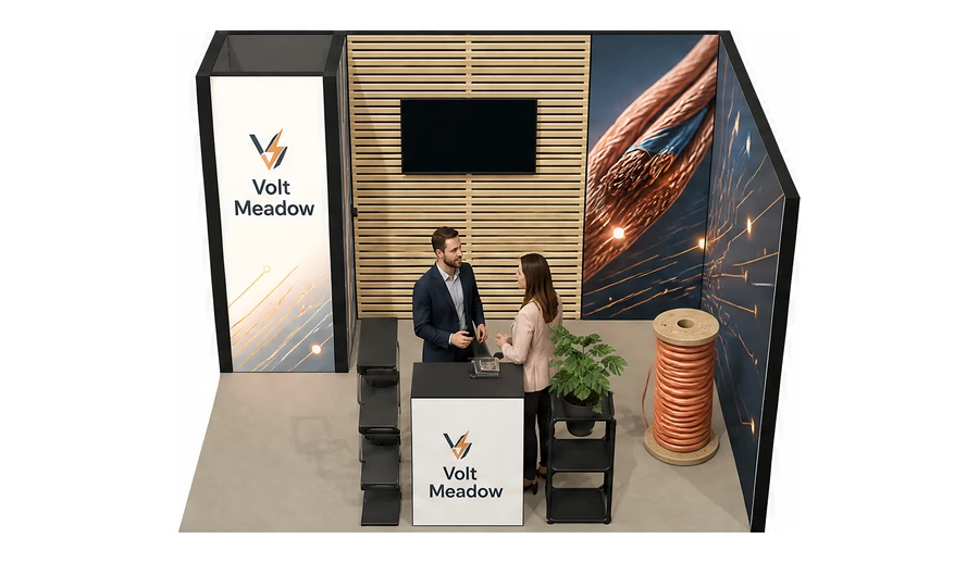 Stoisko 4 × 3 m narożne prawe dla branży kable i elektrotechnika, przykładowa marka Volt Meadow