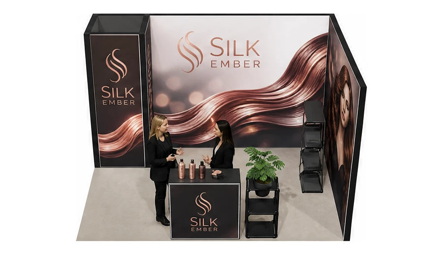 Stoisko 4 × 3 m narożne prawe dla branży fryzjerstwo i salony beauty, przykładowa marka Silk Ember