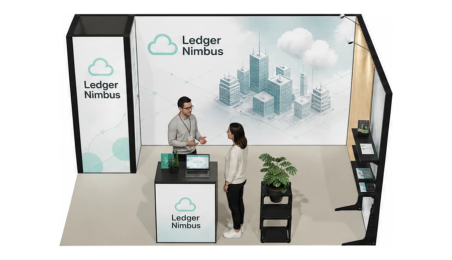 Stoisko 4 × 3 m narożne prawe dla branży oprogramowanie dla firm, przykładowa marka Ledger Nimbus