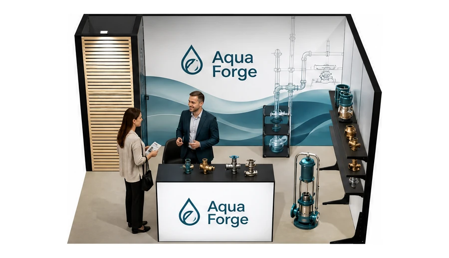 Stoisko 4 × 3 m narożne prawe dla branży instalacje wodno-kanalizacyjne, przykładowa marka Aqua Forge