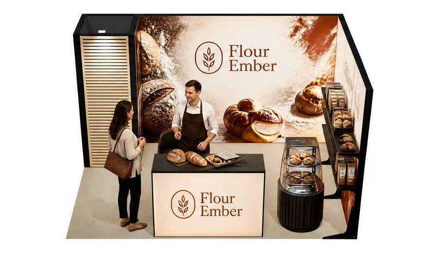 Stoisko 4 × 3 m narożne prawe dla branży piekarnictwo i cukiernictwo, przykładowa marka Flour Ember