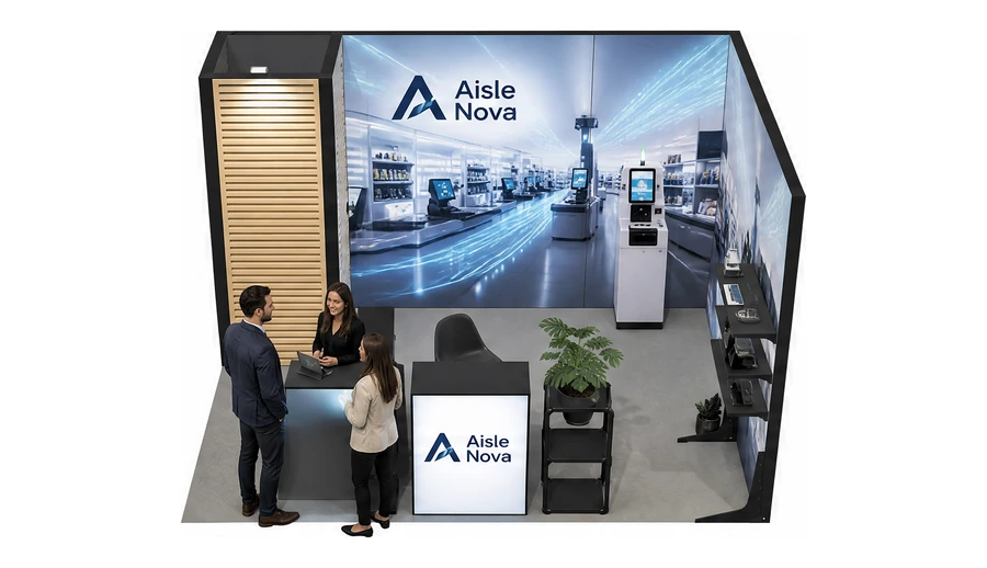 Stoisko 4 × 3 m narożne prawe dla branży technologie dla handlu, przykładowa marka Aisle Nova