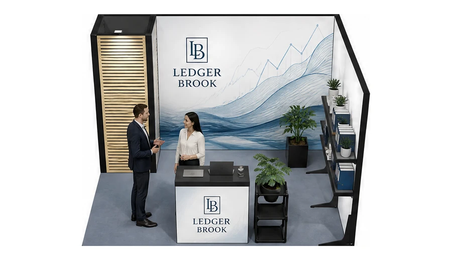 Stoisko 4 × 3 m narożne prawe dla branży usługi finansowe i księgowe, przykładowa marka Ledger Brook