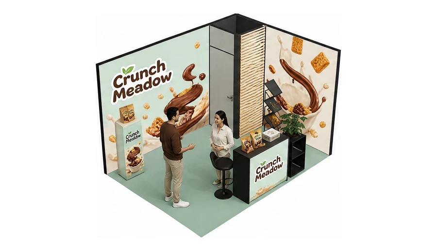 Stoisko 4 × 3 m narożne prawe dla branży słodycze i przekąski, przykładowa marka Crunch Meadow