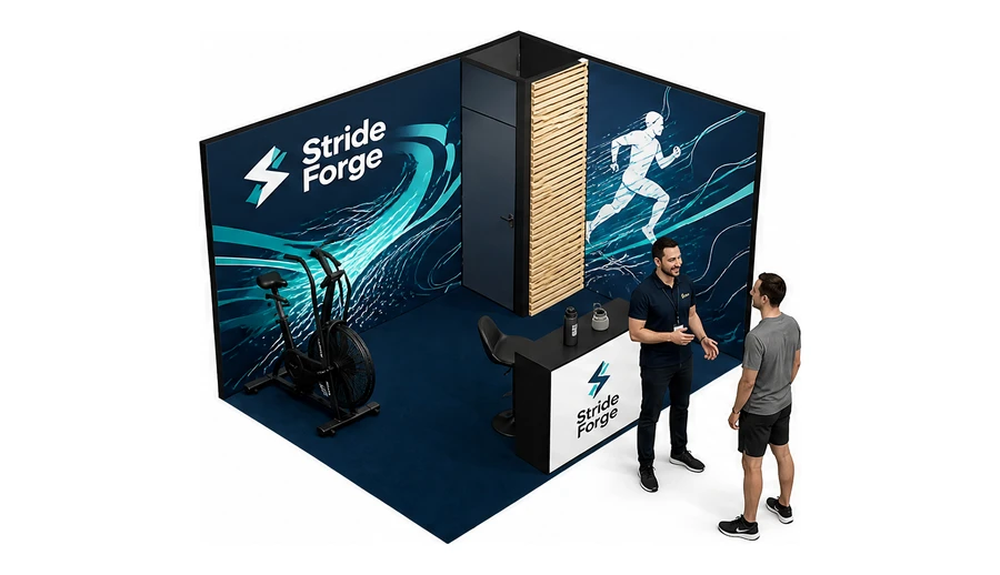 Stoisko 4 × 3 m narożne prawe dla branży sprzęt sportowy, przykładowa marka Stride Forge