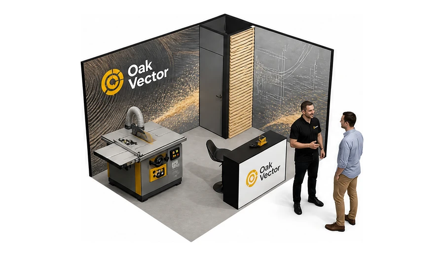 Stoisko 4 × 3 m narożne prawe dla branży maszyny do obróbki drewna, przykładowa marka Oak Vector