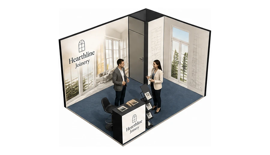 Stoisko 4 × 3 m narożne prawe dla branży okna i drzwi, przykładowa marka Hearthline Joinery