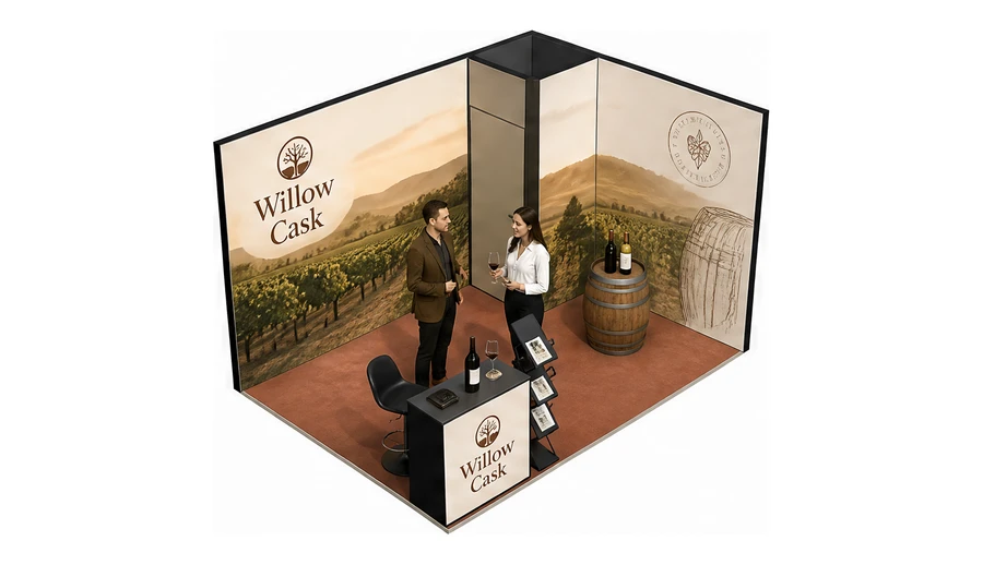 Stoisko 4 × 3 m narożne prawe dla branży winnica, przykładowa marka Willow Cask