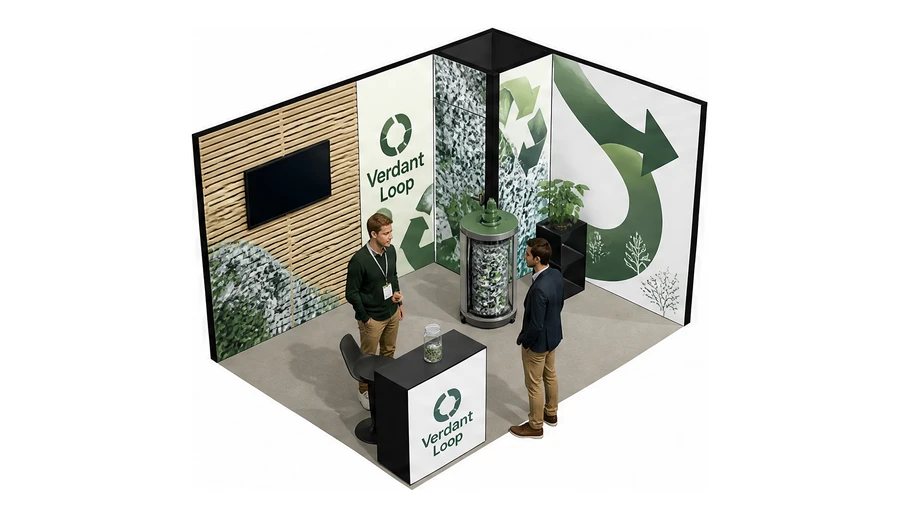Stoisko 4 × 3 m narożne prawe dla branży recykling i ochrona środowiska, przykładowa marka Verdant Loop