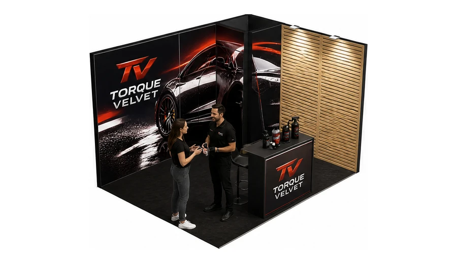 Stoisko 4 × 3 m narożne prawe dla branży tuning i detailing, przykładowa marka Torque Velvet