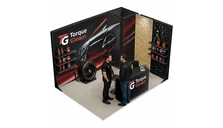 Stoisko 4 × 3 m narożne prawe dla branży tuning i detailing, przykładowa marka Torque Gleam