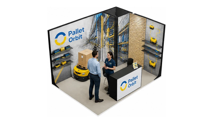 Stoisko 4 × 3 m narożne prawe dla branży intralogistyka i magazyn, przykładowa marka Pallet Orbit