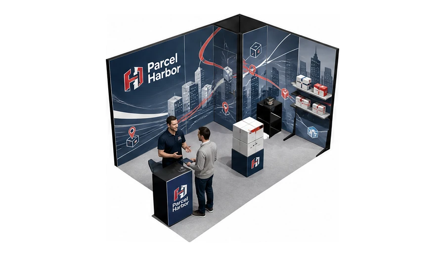 Stoisko 4 × 3 m narożne prawe dla branży e-commerce, przykładowa marka Parcel Harbor