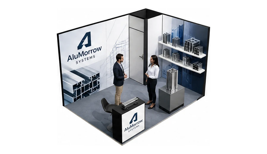 Stoisko 4 × 3 m narożne prawe dla branży profile aluminiowe, przykładowa marka AluMorrow Systems