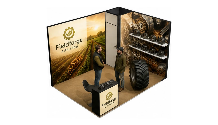 Stoisko 4 × 3 m narożne prawe dla branży maszyny rolnicze, przykładowa marka Fieldforge Agritech