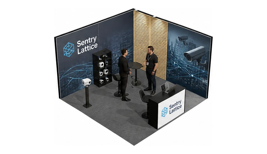 Stoisko 4 × 4 m narożne prawe dla branży systemy zabezpieczeń, przykładowa marka Sentry Lattice