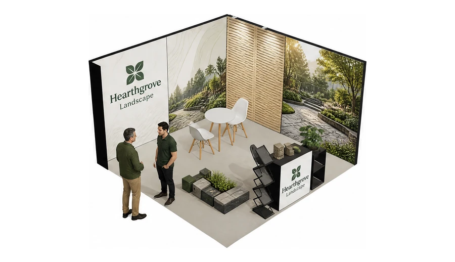 Stoisko 4 × 4 m narożne prawe dla branży ogród i architektura krajobrazu, przykładowa marka Hearthgrove Landscape