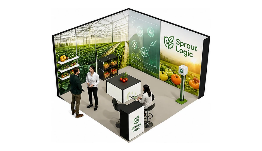 Stoisko 4 × 4 m narożne prawe dla branży sadownictwo i warzywnictwo, przykładowa marka Sprout Logic