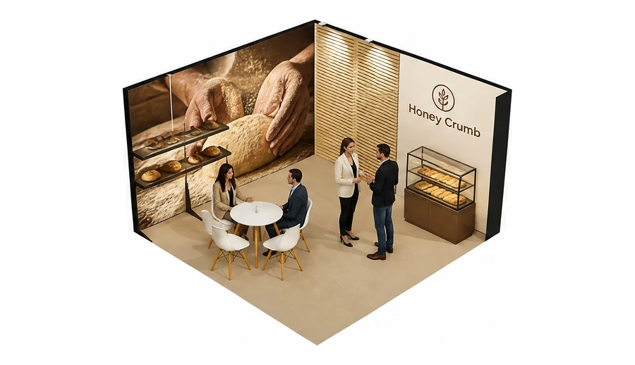 Stoisko 4 × 4 m narożne prawe dla branży piekarnictwo i cukiernictwo, przykładowa marka Honey Crumb