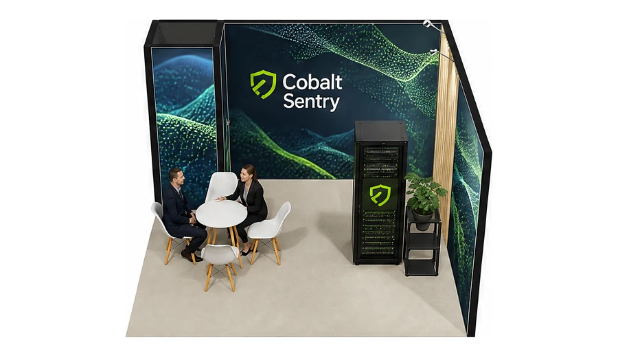 Stoisko 4 × 4 m narożne prawe dla branży cyberbezpieczeństwo, przykładowa marka Cobalt Sentry