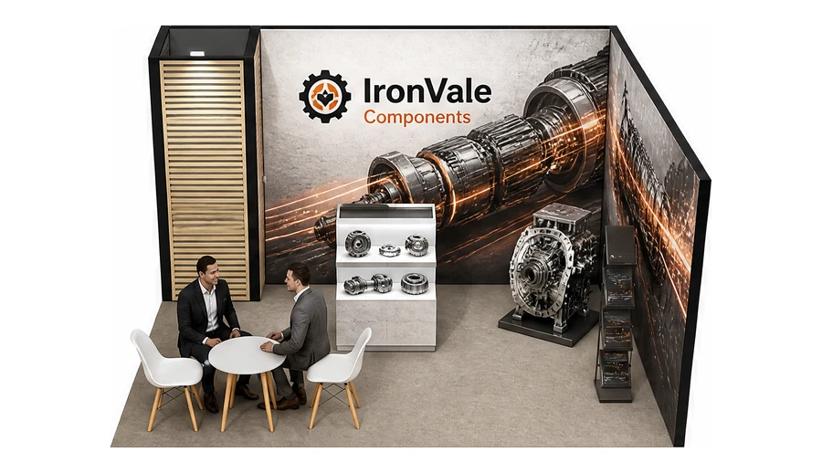 Stoisko 4 × 4 m narożne prawe dla branży części motoryzacyjne, przykładowa marka IronVale Components