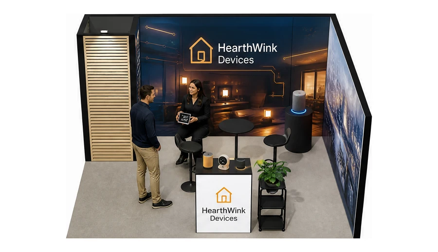 Stoisko 4 × 4 m narożne prawe dla branży smart home i IoT, przykładowa marka HearthWink Devices