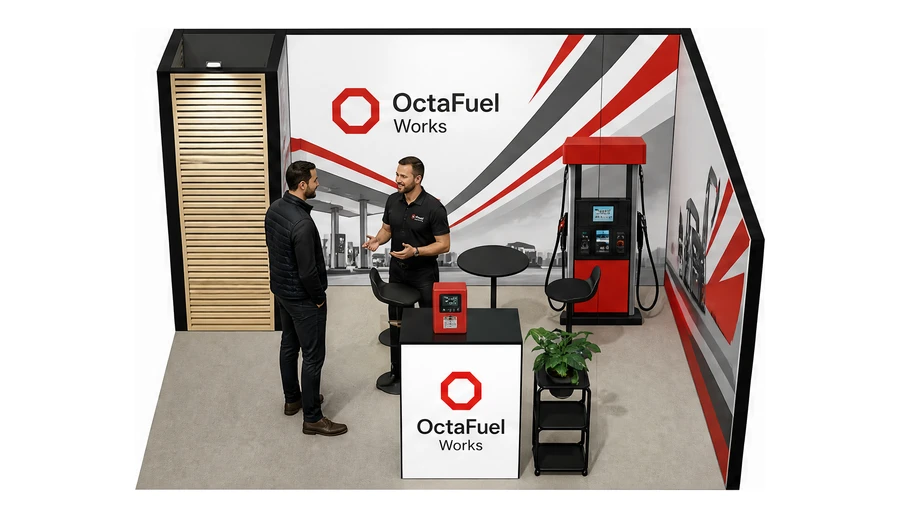 Stoisko 4 × 4 m narożne prawe dla branży stacje paliw, przykładowa marka OctaFuel Works