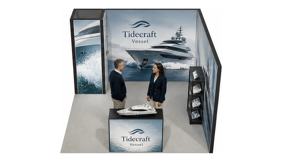 Stoisko 4 × 4 m narożne prawe dla branży jachty i łodzie, przykładowa marka Tidecraft Vessel