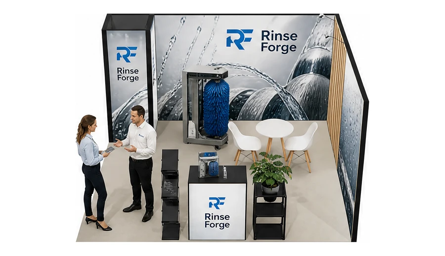 Stoisko 4 × 4 m narożne prawe dla branży myjnie i pielęgnacja aut, przykładowa marka Rinse Forge