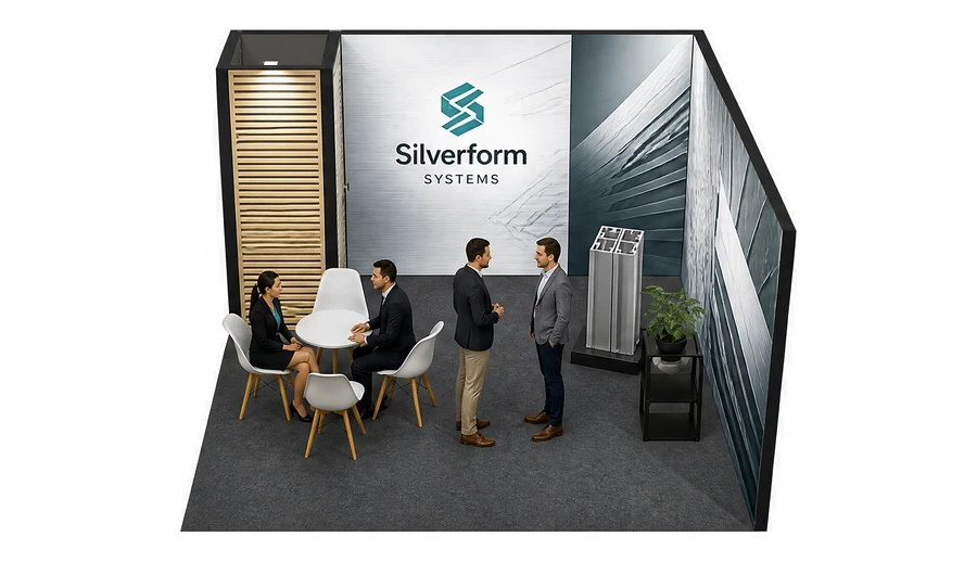 Stoisko 4 × 4 m narożne prawe dla branży profile aluminiowe, przykładowa marka Silverform Systems