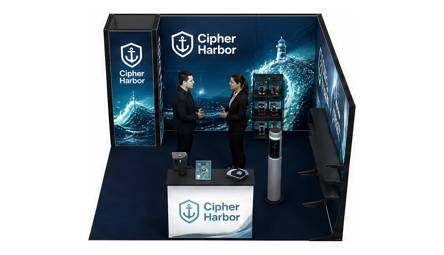 Stoisko 4 × 4 m narożne prawe dla branży cyberbezpieczeństwo, przykładowa marka Cipher Harbor