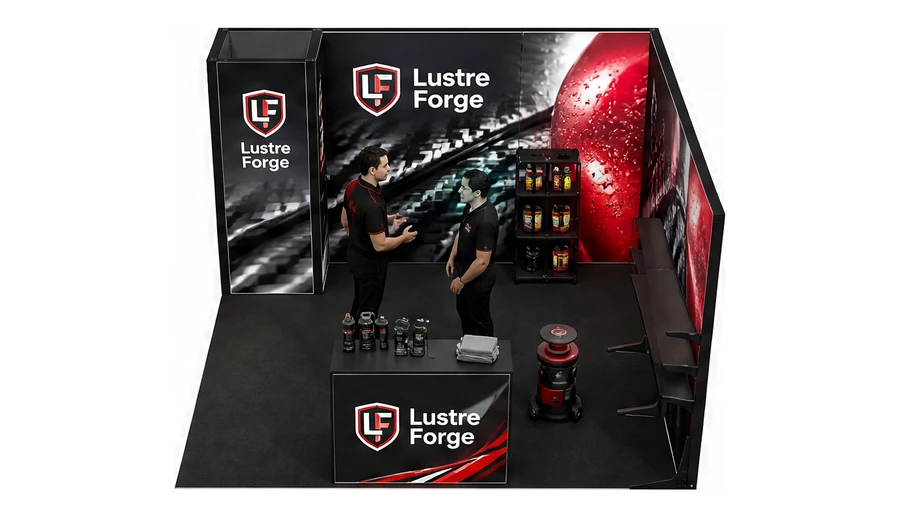 Stoisko 4 × 4 m narożne prawe dla branży tuning i detailing, przykładowa marka Lustre Forge