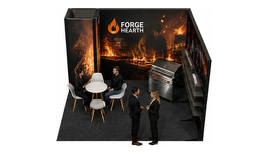 Stoisko 4 × 4 m narożne prawe dla branży wyposażenie gastronomii, przykładowa marka Forge Hearth