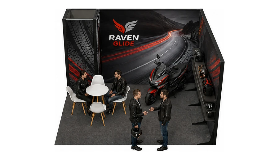 Stoisko 4 × 4 m narożne prawe dla branży motocykle i skutery, przykładowa marka Raven Glide