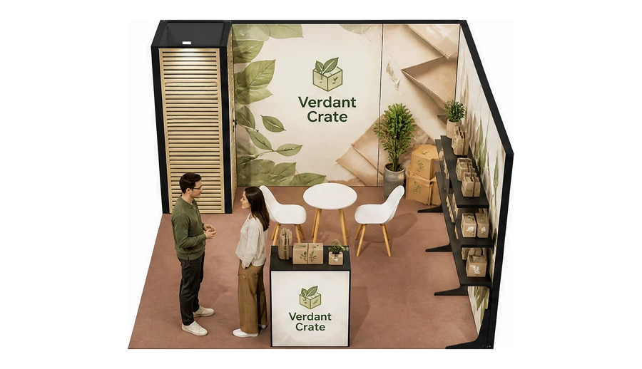Stoisko 4 × 4 m narożne prawe dla branży opakowania ekologiczne, przykładowa marka Verdant Crate