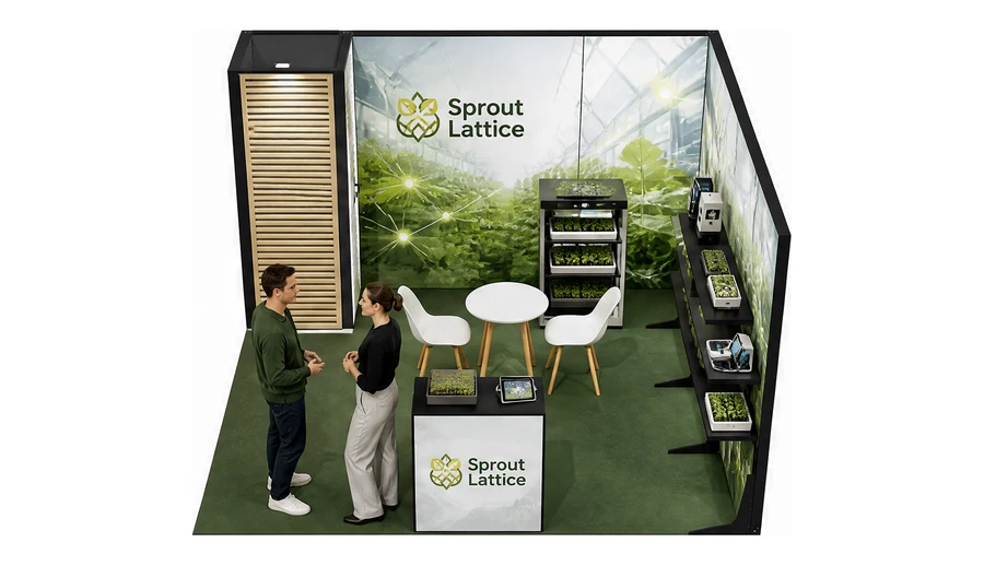 Stoisko 4 × 4 m narożne prawe dla branży sadownictwo i warzywnictwo, przykładowa marka Sprout Lattice