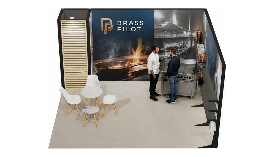 Stoisko 4 × 4 m narożne prawe dla branży wyposażenie gastronomii, przykładowa marka Brass Pilot