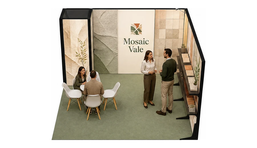 Stoisko 4 × 4 m narożne prawe dla branży wykończenie wnętrz, przykładowa marka Mosaic Vale