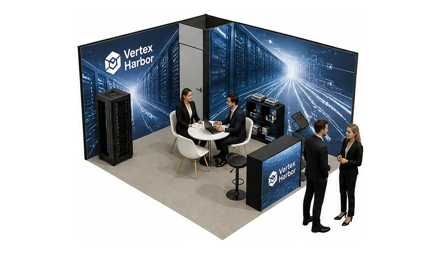 Stoisko 4 × 4 m narożne prawe dla branży infrastruktura IT i data center, przykładowa marka Vertex Harbor