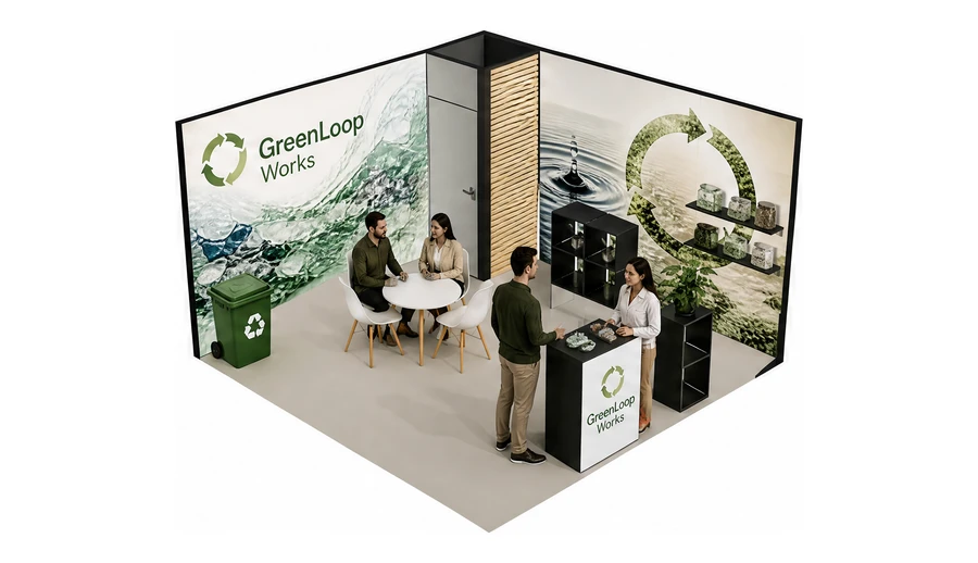 Stoisko 4 × 4 m narożne prawe dla branży recykling i ochrona środowiska, przykładowa marka GreenLoop Works