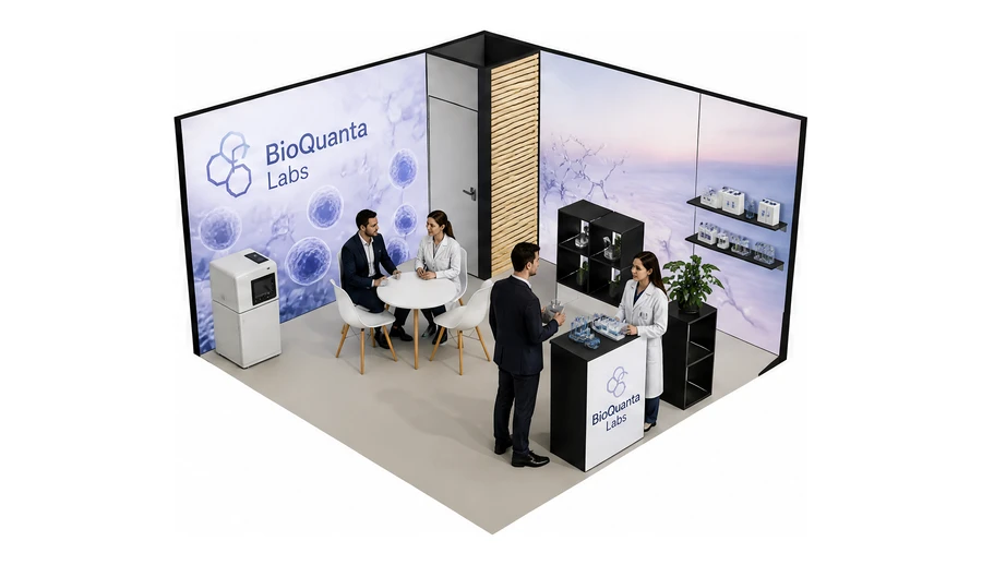 Stoisko 4 × 4 m narożne prawe dla branży farmacja i biotechnologia, przykładowa marka BioQuanta Labs