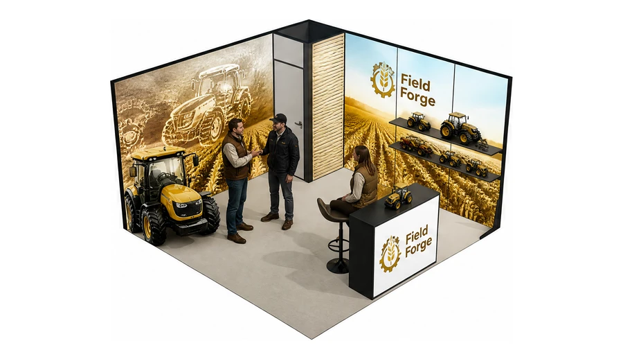 Stoisko 4 × 4 m narożne prawe dla branży maszyny rolnicze, przykładowa marka Field Forge