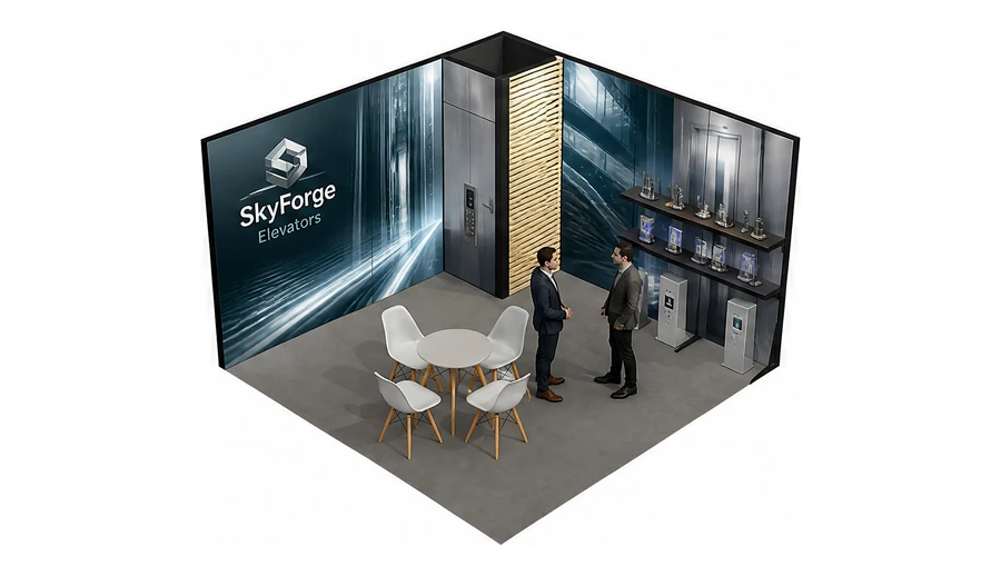 Stoisko 4 × 4 m narożne prawe dla branży dźwigi i windy, przykładowa marka SkyForge Elevators