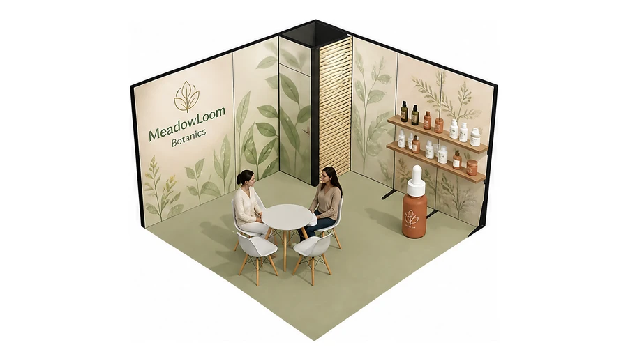 Stoisko 4 × 4 m narożne prawe dla branży kosmetyki naturalne, przykładowa marka MeadowLoom Botanics