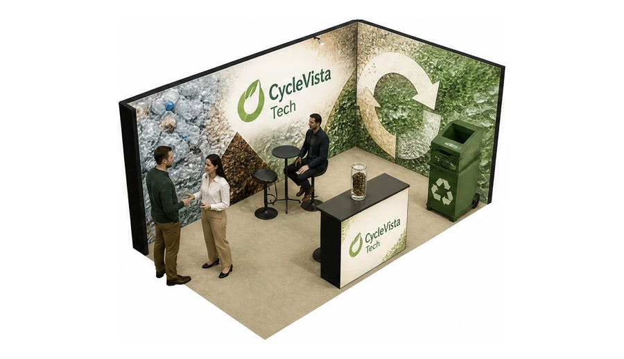 Stoisko 5 × 3 m narożne prawe dla branży recykling i ochrona środowiska, przykładowa marka CycleVista Tech