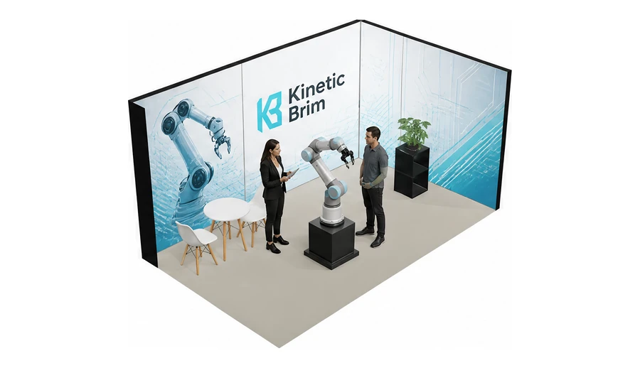 Stoisko 5 × 3 m narożne prawe dla branży automatyka przemysłowa, przykładowa marka Kinetic Brim