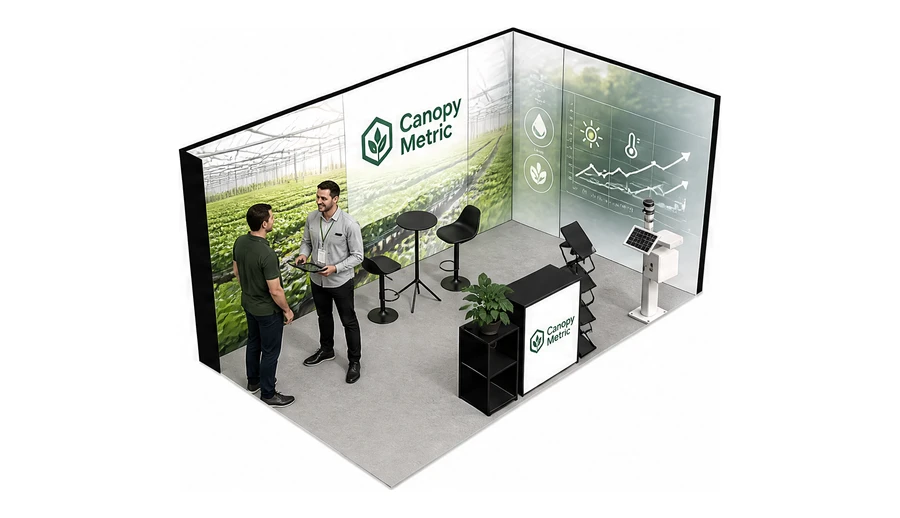 Stoisko 5 × 3 m narożne prawe dla branży sadownictwo i warzywnictwo, przykładowa marka Canopy Metric