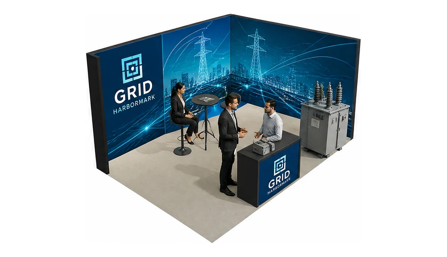 Stoisko 5 × 3 m narożne prawe dla branży energetyka i sieci, przykładowa marka Grid Harbormark