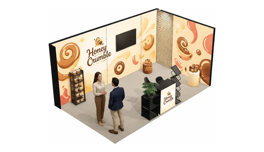 Stoisko 5 × 3 m narożne prawe dla branży słodycze i przekąski, przykładowa marka Honey Crumble