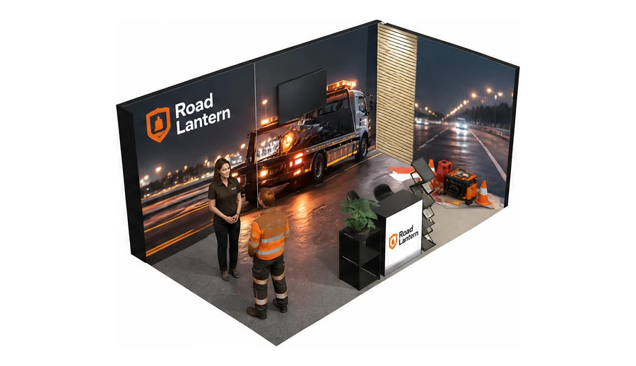 Stoisko 5 × 3 m narożne prawe dla branży pomoc drogowa i lawety, przykładowa marka Road Lantern